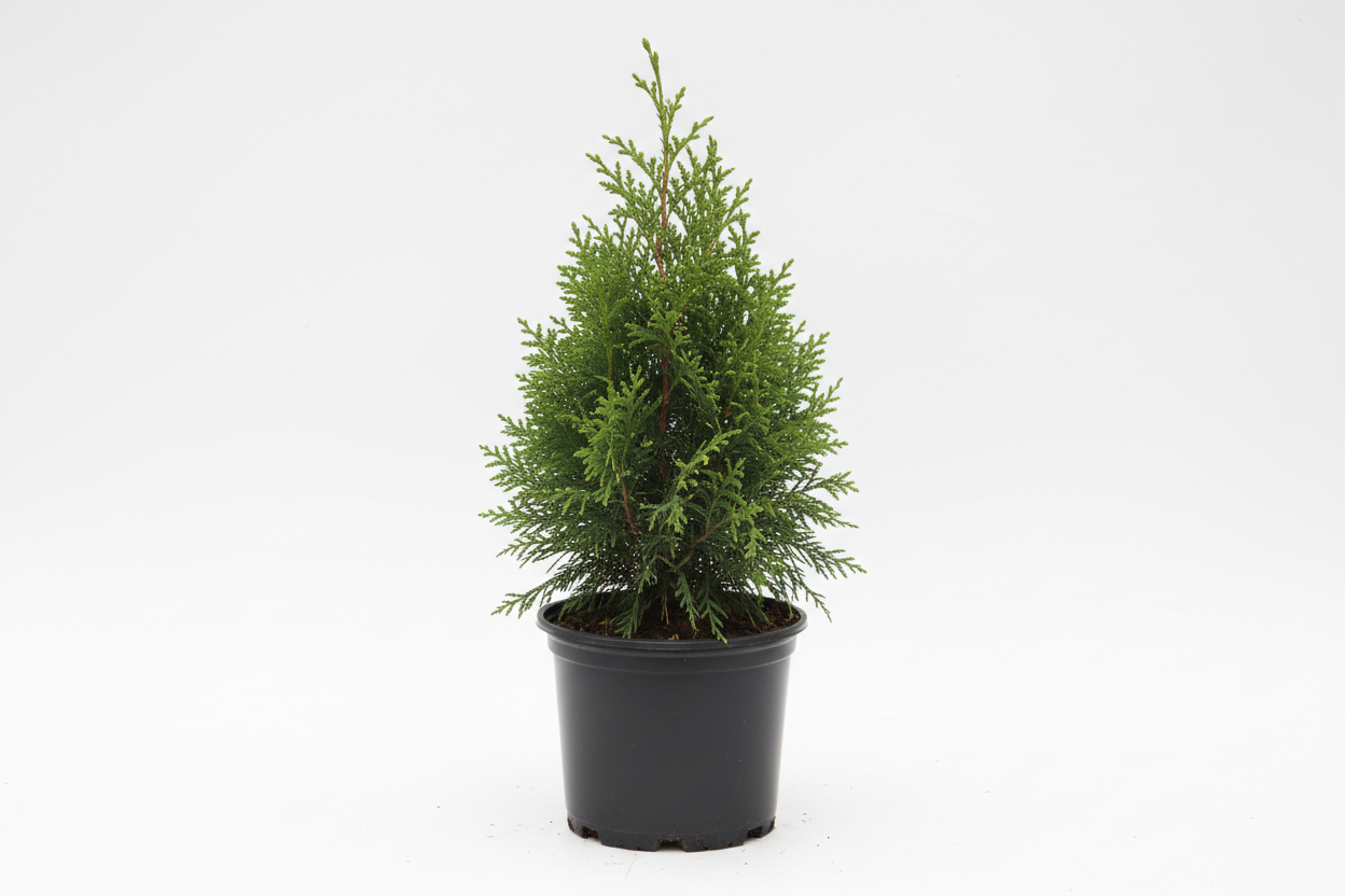 create a image of a leyland cypress in a 1 gallon pot with a white background