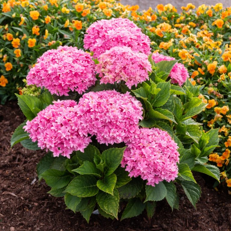 Starfield Reblooming Hydrangea in full bloom with pink star-shaped flowers