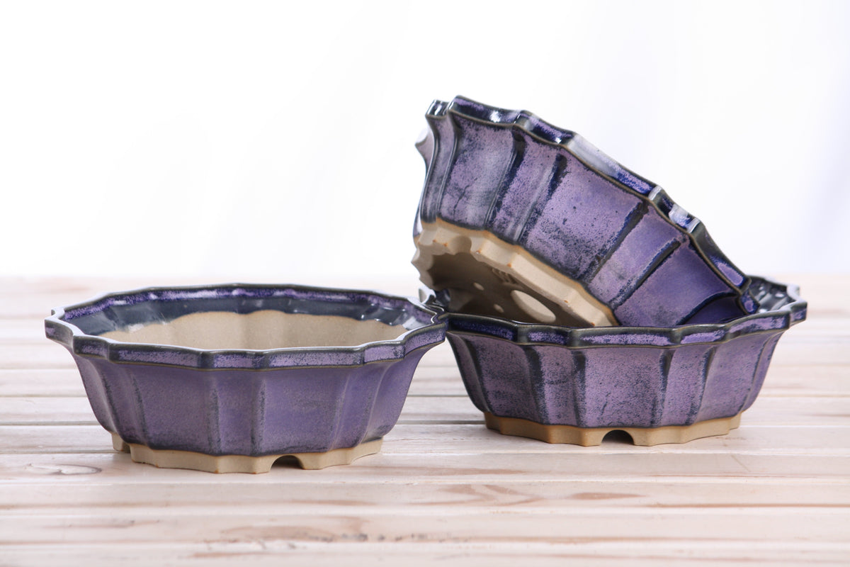 Flower Design Bonsai Pot 6.5 Inch – Elegant Ceramic Bonsai & Succulent Planter, High‑Fired Frost‑Proof Stoneware with Drainage & Wiring Holes, Handmade in USA (Purple)