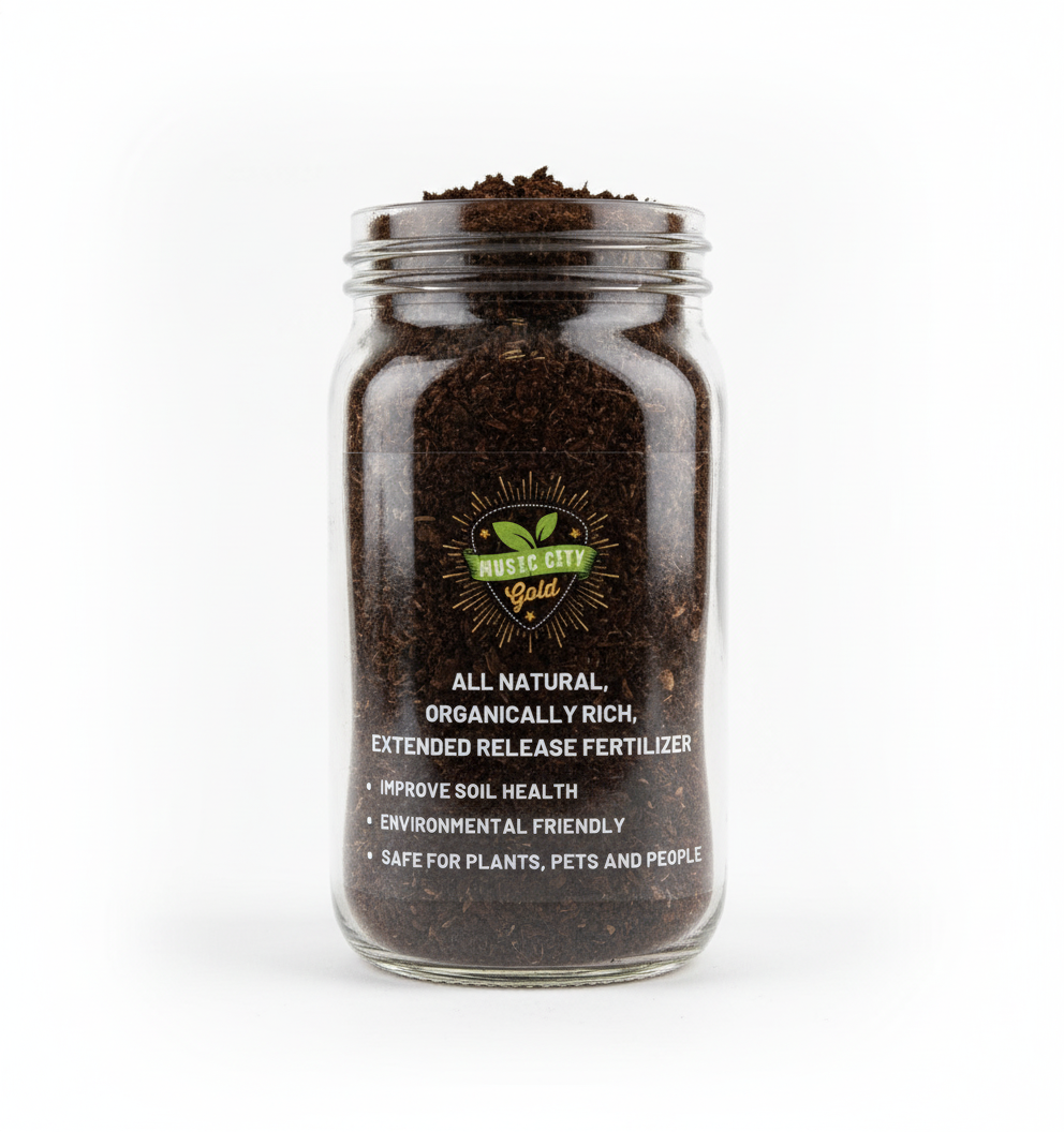 Advertisement for Music City Gold fertilizer on a blue background